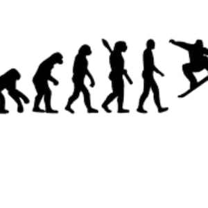Könnte beinhalten: Eine Schwarzweißillustration der Evolution des Menschen, die mit einer Strichmännchenfigur endet, die Snowboard fährt.