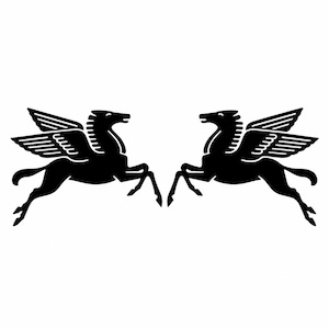 Puede incluir: Una ilustración gráfica negra que presenta dos siluetas espejadas de caballos alados, conocidos como pegasos, posicionados uno frente al otro. Cada caballo se muestra en una pose dinámica de salto con las alas extendidas y las colas ondeando.