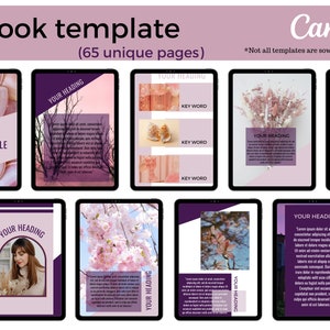 Ebook Canva Template, 65 Pages, lead magnet, diy templates, for Coaches, Students, Teachers, Business owners, pink purple ebook template
