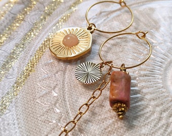 JASMINE - Dangling earrings, mismatched earrings, mismatch earrings, Rhodonite, Rose quartz