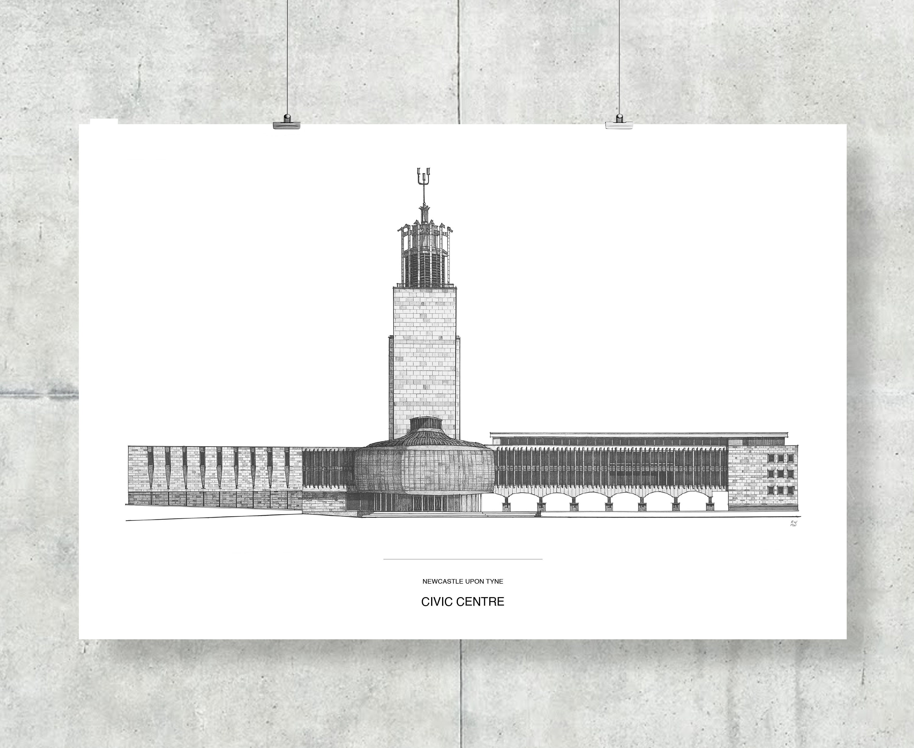 Newcastle Civic Centre Drawing  | High Quality Print | Newcastle-upon-Tyne Civic Centre Illustration | A5, A4, A3