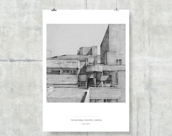 National Theatre London Drawing | High Quality Print | Monochrome Architectural Illustration | A5, A4, A3, Square