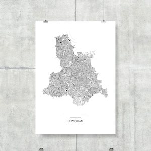 Mappa disegnata a mano di Lewisham / Stampa di alta qualità / Illustrazione monocromatica della mappa di Londra / A5, A4, A4