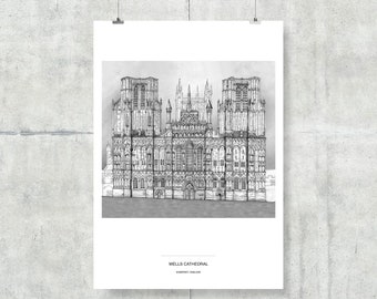 Wells Cathedral Drawing| High Quality Print | Wells Somerset Monochrome Architectural Illustration | A5, A4, A3, Square