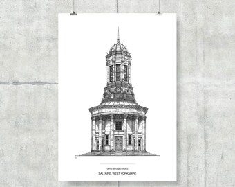 Saltaire Church Drawing | High Quality Print | Saltaire, West Yorkshire Illustration | A5, A4, A3