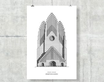 Grundtvig&#39;s Church, Copenhagen Drawing  | High Quality Print | Grundtvig&#39;s Church Illustration | A5, A4, A3