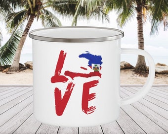 Haiti Love Enamel Camping Mug, Haiti Love Mug Gift, Haitian Flag, Haiti Island Fun Haitian Mug, Haitian Gift, Haitian Mug Gift Haiti Present