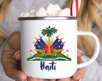 Haitian Flag Enamel Mug, Haitian Culture, Haitian Flag Camping Mug, Haiti Present, Haiti Keepsake, Gift for Haiti Lover, Haiti Gift Idea
