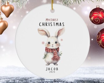 Lindo bebé conejo primera Navidad adorno personalizado, regalo de nombre del bebé, bebé primera Navidad, adorno de recuerdo del bebé, regalo de Navidad personalizado del bebé