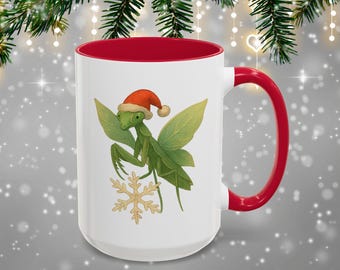 Taza navideña de mantis con alas de hoja, adorable taza navideña con forma de insecto, taza de café con diseño de bicho caprichoso, mantis con gorro de Papá Noel, regalo navideño para amantes de la naturaleza