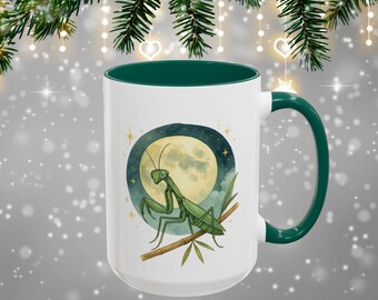 Taza Mantis Religiosa a la Luz de la Luna, Regalo para Amantes de la Naturaleza, Taza de Café con Arte de Insectos, Taza de Insectos Botánicos, Taza de Té con Ilustración de la Luna