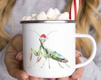 Taza de camping de esmalte navideño de mantis religiosa personalizada, taza de camping amante de Mantis para amantes de los insectos, regalo de mantis religiosa, entusiasta de los insectos