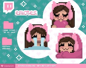 Twitch Pixel Brunette Girl Emotes / Cute Kawaii Chibi Discord Emoji / 8-bit Streamer Kitten Emote
