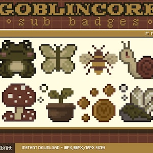 Emblemas Twitch Sub Bit / Pixel Goblincore / Emblemas de 8 bits / Emblemas secundários estéticos Twitch / Emblemas pré-fabricados de floresta natural