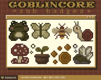 Twitch Sub Bit Badges / Pixel Goblincore / 8-bit Badges / Twitch aesthetic sub badges / Pre-made nature forest badges