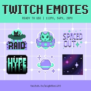 May include: A set of five pixel art Twitch emotes featuring a cat in a spaceship, a galaxy, a planet, a word bubble with the text "RAID", and a word bubble with the text "HYPE".
