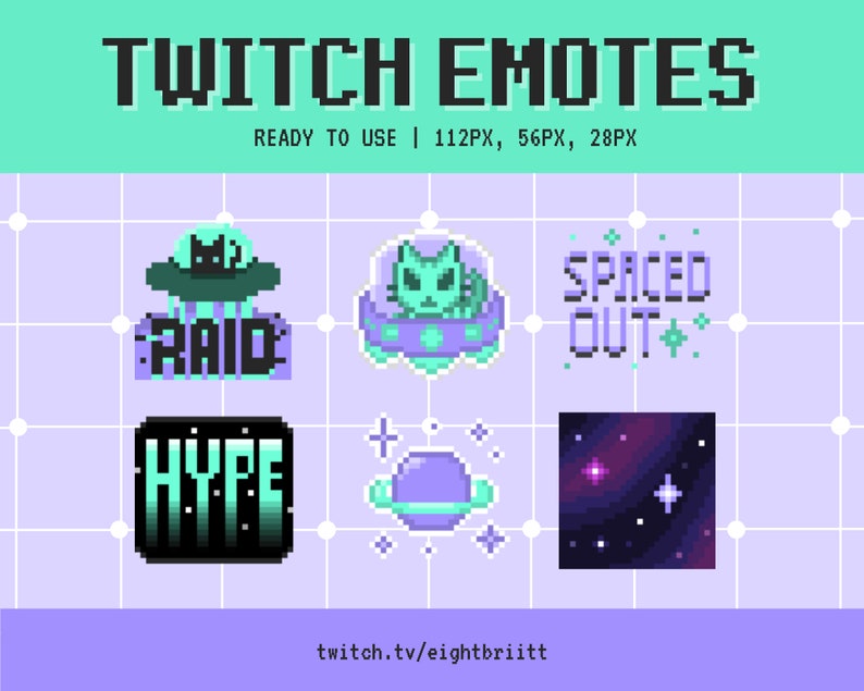 Op de afbeelding: Een set van vijf pixel art Twitch-emotes met een kat in een ruimteschip, een sterrenstelsel, een planeet, een woordballon met de tekst "RAID" en een woordballon met de tekst "HYPE".