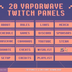 Puede incluir: Un conjunto de 20 paneles de Twitch de estilo vaporwave con etiquetas de texto como "Acerca de", "Reglas", "Enlaces", "Mercancía", "Horario", "Juegos", "Discord", "Patrocinadores", "Suscribirse", "Comandos", "YouTube", "Steam", "Donar", "Eventos", "Lista de deseos", "Configuración", "Créditos" y "Lista de reproducción".