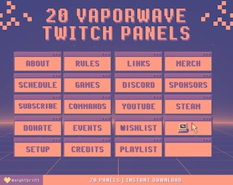 20 Vaporwave Twitch Panels / Pixel Windows 95 Aesthetic / 8-bit neon 90s
