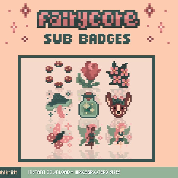Twitch Sub Bit Badges / Pixel Fairycore / Badges 8 bits / Sous-badges esthétiques Twitch / Badges fées fae préfabriqués