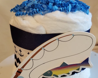 Fishing Diaper Cake ~ Blue Sailing Fishing Theme ~ Baby Shower Centerpiece ~ Mini Diaper Cake Gift