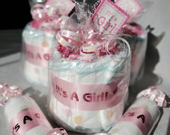 It&#39;s a Girl Mini Diaper Cake Set ~ Pink & White Theme ~ Baby Shower Centerpiece ~ Set of 3 Gift
