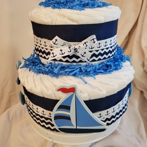 Sailboat Diaper Cake~ Blue Sailing Theme ~ Baby Shower Centerpiece ~ 2 Tier Diaper Cake Gift