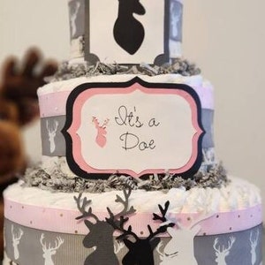 Deer Diaper Cake  ~ It&#39;s a Doe ~ Pink Outdoor Hunting Theme ~ Baby Shower Centerpiece ~ 3 Tier Diaper Cake Gift