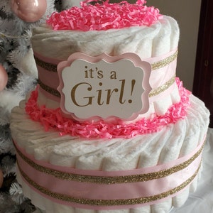 It&#39;s a Girl Diaper Cake ~ Pink & Gold Theme ~ Baby Shower Centerpiece ~ 2 Tier Diaper Cake Gift
