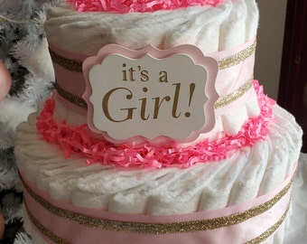 It's a Girl Diaper Cake ~ Pink & Gold Theme ~ Baby Shower Centerpiece ~ 2 Tier Diaper Cake Gift