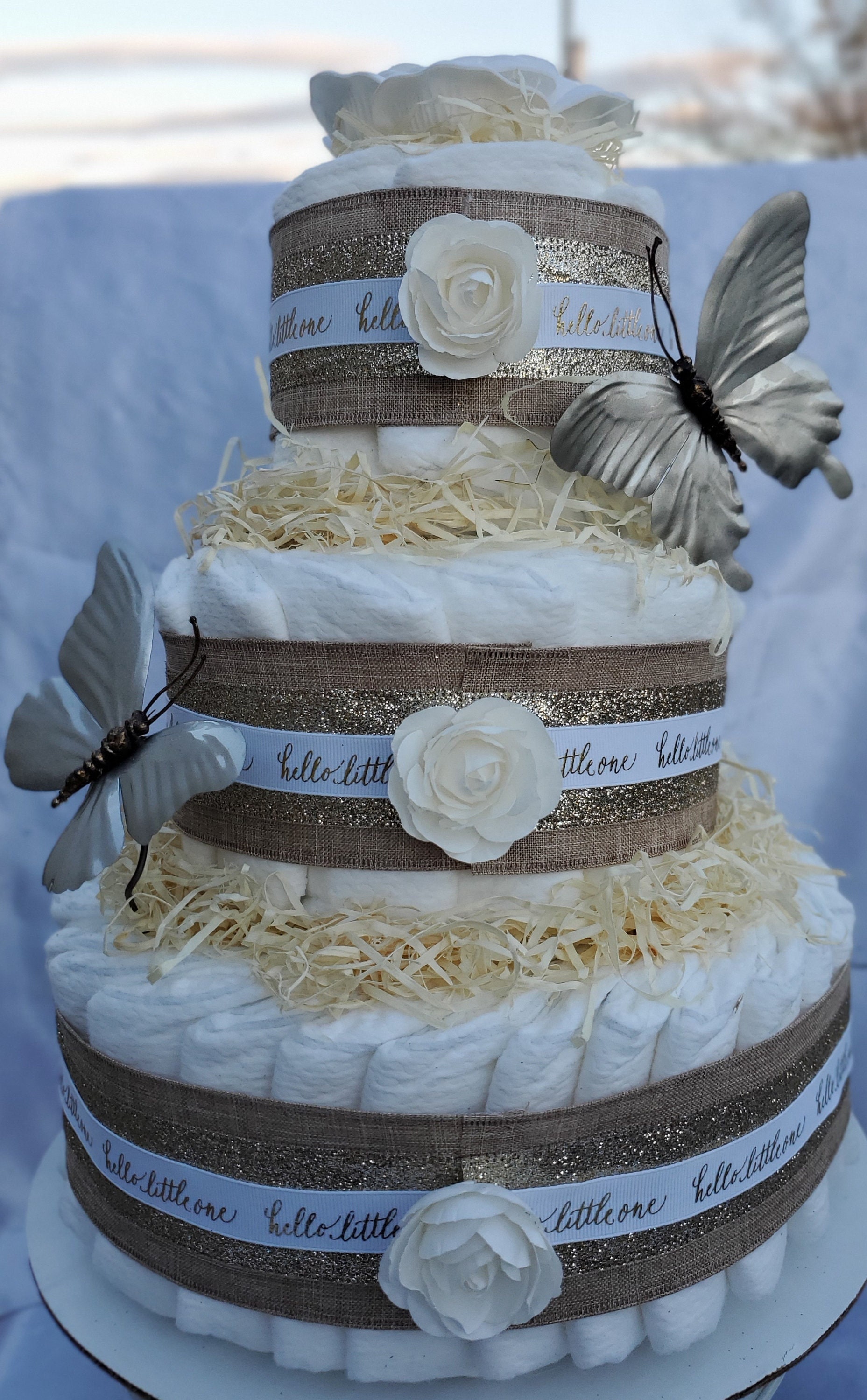 Butterfly Diaper Cake Butterflies Roses Baby Shower Centerpiece WhiteGold 3 Tier Gift