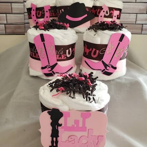 Cowgirl Mini Diaper Cake Set ~ Pink Western Theme ~ Cowgirl Hat Boots~ Baby Shower Centerpiece Gift