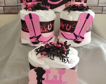Cowgirl Mini Diaper Cake Set ~ Pink Western Theme ~ Cowgirl Hat Boots~ Baby Shower Centerpiece Gift