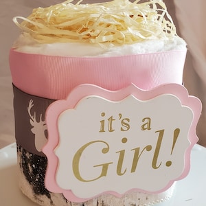 It&#39;s a Girl Diaper Cake ~ Girl Outdoor Hunting Theme ~ Baby Shower Centerpiece ~ Mini Diaper Cake Gift