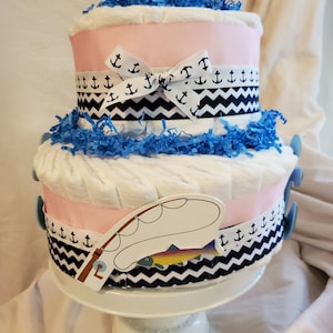 Fishing Diaper Cake ~ Pink Nautical Sailing Theme ~ Baby Shower Centerpiece ~ 2 Tier Gift