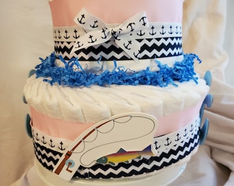 Fishing Diaper Cake ~ Pink Nautical Sailing Theme ~ Baby Shower Centerpiece ~ 2 Tier Gift