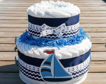 Sailboat Diaper Cake: Blue Nautical Baby Shower Centerpiece