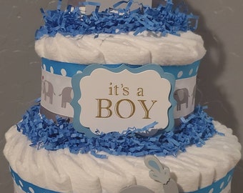 Elephant Diaper Cake ~ It's a Boy ~ Baby Shower Centerpiece Decoration ~ 3 Tier Diaper Cake Gift