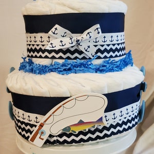 Fishing Diaper Cake ~ Blue Sailing Theme ~ Baby Shower Centerpiece ~ 2 Tier Diaper Cake Gift