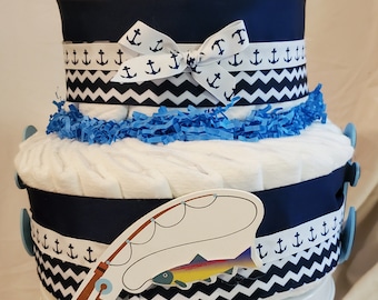 Fishing Diaper Cake: Blue Nautical Baby Shower Centerpiece