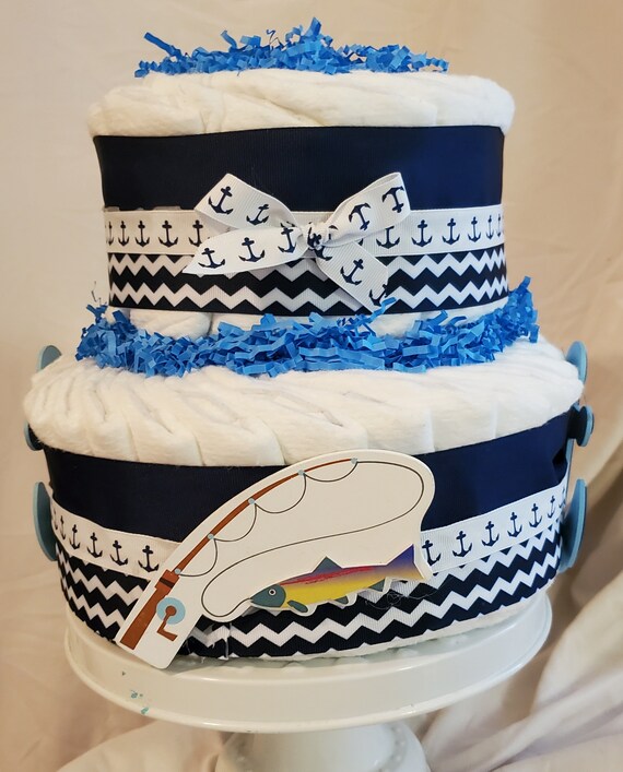 Fishing Diaper Cake Blue Sailing Theme Baby Shower Centerpiece 2 Tier Diaper  Cake Gift 
