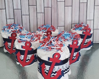 Anchor Diaper Cake ~ Red White & Blue Nautical Theme ~ Baby Shower Centerpiece ~  Set of 6 Diaper Cake Gift