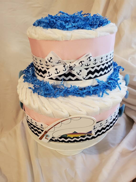 Fishing Diaper Cake Pink Nautical Sailing Theme Baby Shower Centerpiece 2  Tier Gift 