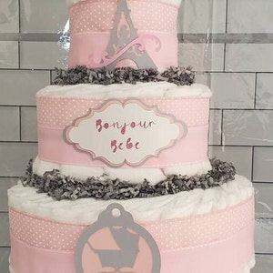 Paris Diaper Cake ~ Eiffel Tower ~ Pink & Gray French Baby Shower Centerpiece ~    3 Tier Diaper Cake Gift