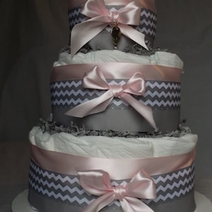 The Adventure Begins Diaper Cake ~ Pink & Grey Chevron Theme ~ Baby Shower Centerpiece ~ 3Tier Gift