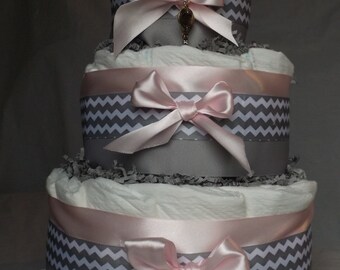 The Adventure Begins Diaper Cake ~ Pink & Grey Chevron Theme ~ Baby Shower Centerpiece ~ 3Tier Gift