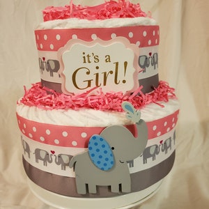 Elephant Diaper Cake ~ Pink & Gray It&#39;s a Girl Theme ~ Baby Shower Centerpiece~ 2 Tier Diaper Cake Gift