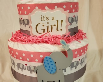 Elephant Diaper Cake ~ Pink & Gray It's a Girl Theme ~ Baby Shower Centerpiece~ 2 Tier Diaper Cake Gift