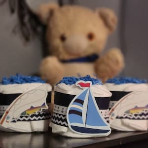 Fishing Sailboat Diaper Cake ~ Baby Shower Gift ~ Baby Shower Centerpiece Decor ~ Diaper Cake Mini Set of 3