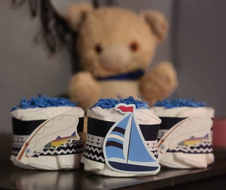 Fishing Sailboat Diaper Cake ~ Baby Shower Gift ~ Baby Shower Centerpiece Decor ~ Diaper Cake Mini Set of 3